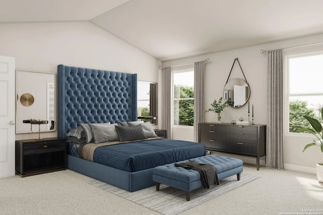 carpeted bedroom featuring vaulted ceiling