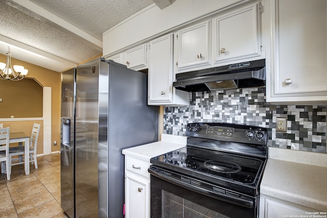 kitchen with decorative backsplash, white cabinetry, black range with electric cooktop, and stainless steel fridge