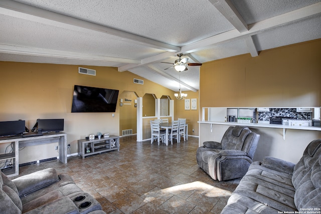 living room featuring vaulted ceiling with beams, ceiling fan with notable chandelier, and a textured ceiling