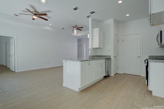 kitchen with light hardwood / wood-style floors, white cabinets, white electric stove, light stone countertops, and stainless steel dishwasher