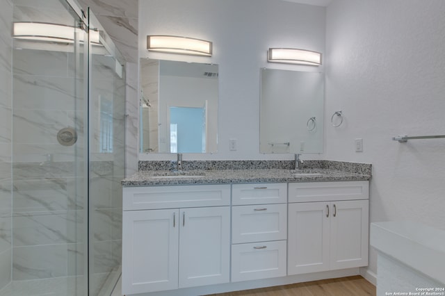 bathroom with walk in shower, vanity, and hardwood / wood-style floors