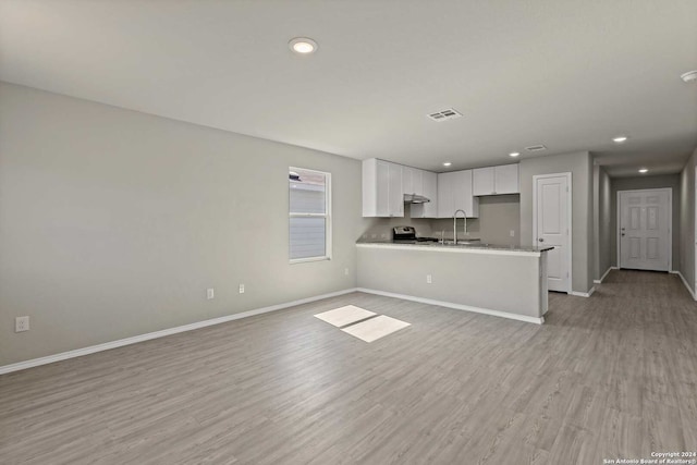 kitchen with sink, light hardwood / wood-style floors, kitchen peninsula, and white cabinetry