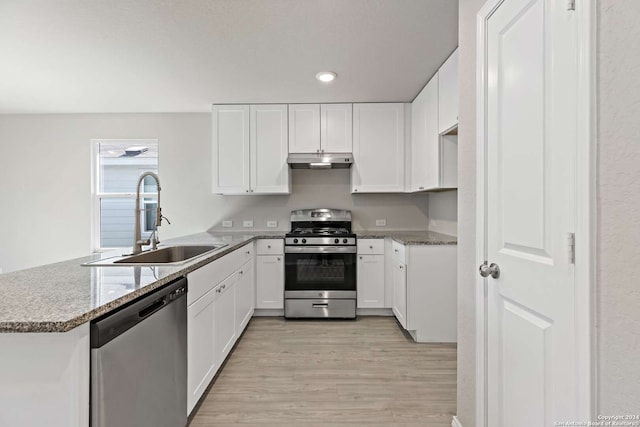 kitchen featuring light hardwood / wood-style floors, white cabinets, kitchen peninsula, stainless steel appliances, and sink