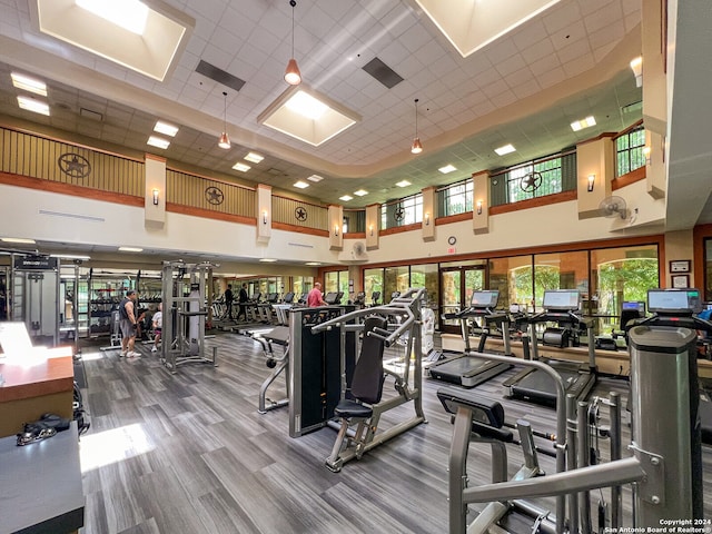 exercise room with wood-type flooring, a drop ceiling, and a towering ceiling