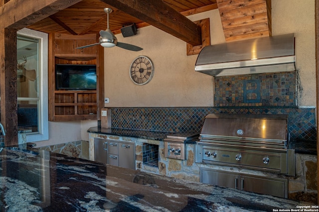 view of patio / terrace with ceiling fan, grilling area, and an outdoor kitchen