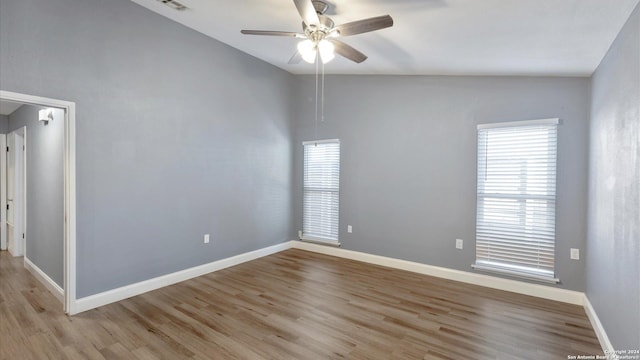 12743 S El Sonteo St, San Antonio, TX 78233 - empty room featuring ceiling fan, light wood-style flooring, lofted ceiling, and baseboards
