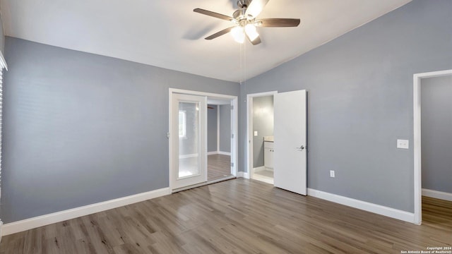 12743 S El Sonteo St, San Antonio, TX 78233 - unfurnished bedroom featuring wood finished floors, vaulted ceiling, baseboards, and ceiling fan