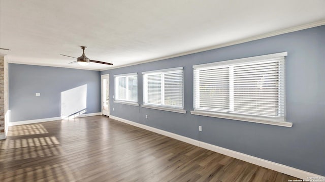 12743 S El Sonteo St, San Antonio, TX 78233 - empty room featuring a ceiling fan, crown molding, baseboards, and dark wood-style floors