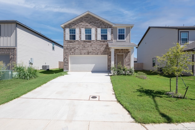 view of front facade featuring central AC unit, a front yard, and a garage