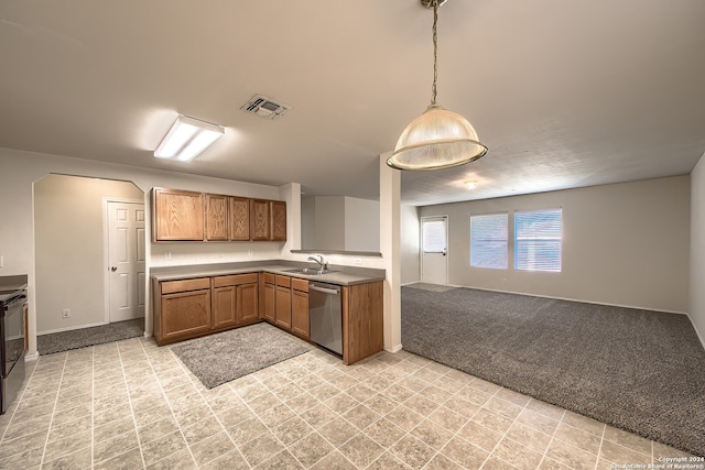 kitchen featuring sink, light colored carpet, hanging light fixtures, black range oven, and stainless steel dishwasher