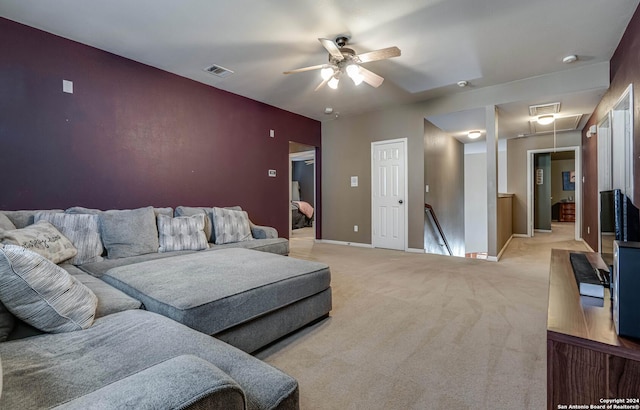 3303 Cambria Way, San Antonio, TX 78251 - living area featuring attic access, a ceiling fan, visible vents, and carpet flooring