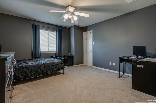 bedroom featuring ceiling fan and light colored carpet