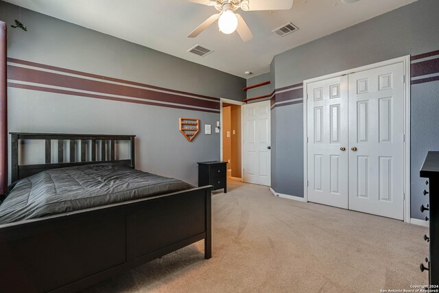 3303 Cambria Way, San Antonio, TX 78251 - carpeted bedroom with visible vents, ceiling fan, and baseboards