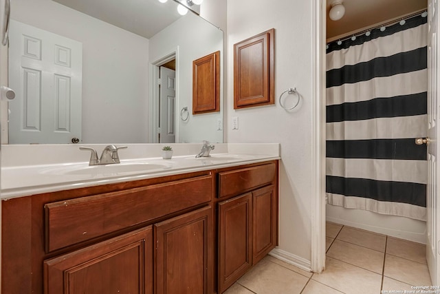 3303 Cambria Way, San Antonio, TX 78251 - full bathroom with curtained shower, double vanity, a sink, and tile patterned floors
