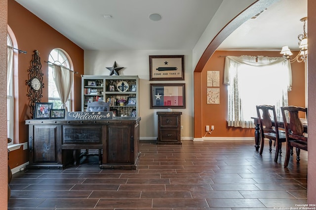 3303 Cambria Way, San Antonio, TX 78251 - office area with baseboards, a notable chandelier, dark wood finished floors, and arched walkways