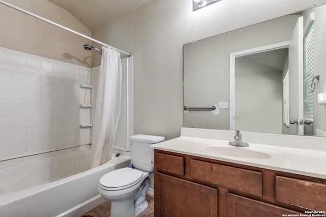 bathroom with toilet, tile patterned flooring, vanity, and shower / tub combo with curtain