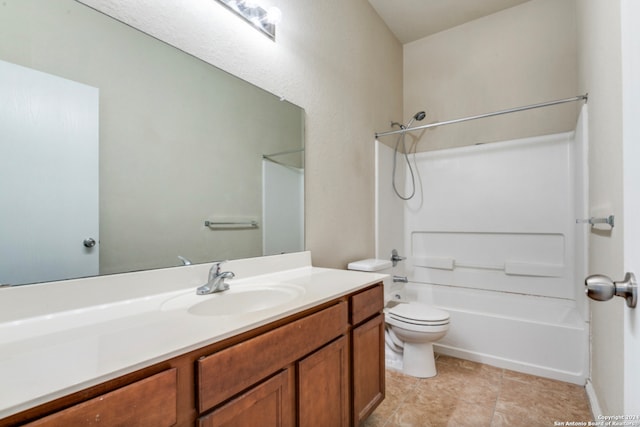 bathroom featuring shower / bathtub combination, tile patterned flooring, vanity, and toilet