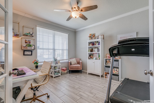 office featuring ceiling fan, a textured ceiling, light hardwood / wood-style flooring, and ornamental molding