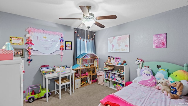 carpeted bedroom with ceiling fan