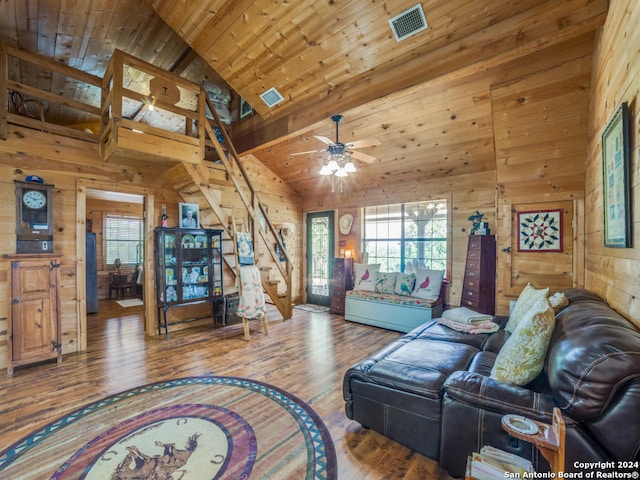 living room with ceiling fan, wooden walls, high vaulted ceiling, wooden ceiling, and hardwood / wood-style floors