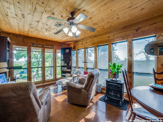 living room with wood ceiling, ceiling fan, a wood stove, and plenty of natural light