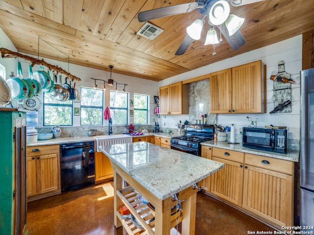 kitchen with wood ceiling, sink, black appliances, a center island, and light stone countertops