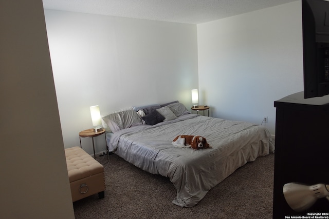 bedroom with a textured ceiling and dark colored carpet