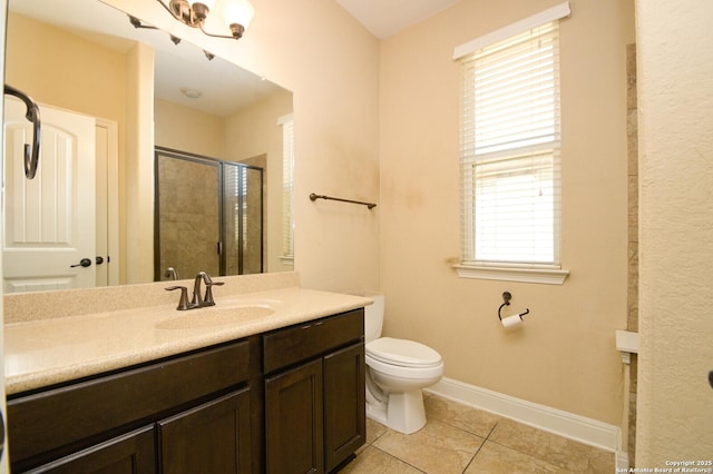 bathroom with tile patterned flooring, vanity, an enclosed shower, and toilet