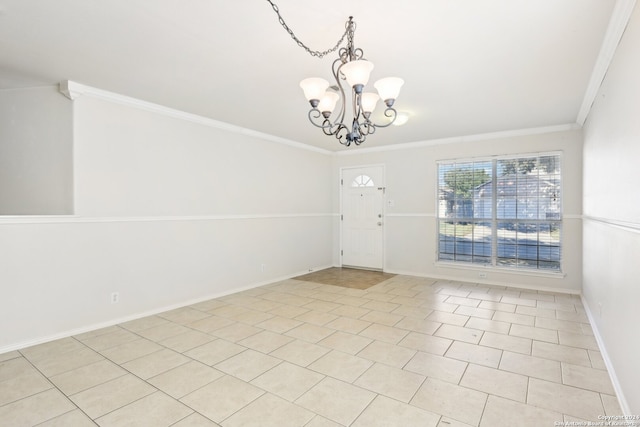 tiled spare room featuring crown molding and a notable chandelier