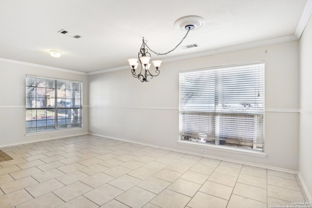 tiled spare room with crown molding and a chandelier