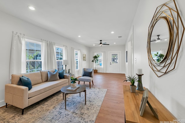 living room featuring ceiling fan and hardwood / wood-style flooring