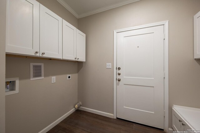 219 Gray St, San Antonio, TX 78208 - clothes washing area featuring hookup for a washing machine, hookup for an electric dryer, cabinet space, dark wood-style flooring, and visible vents