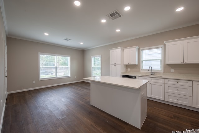 kitchen with dark hardwood / wood-style floors, plenty of natural light, sink, and white cabinets