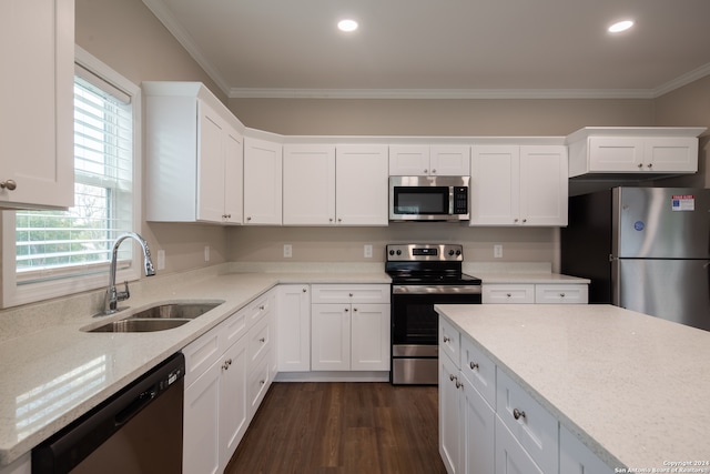 kitchen featuring stainless steel appliances, crown molding, dark wood-type flooring, and sink