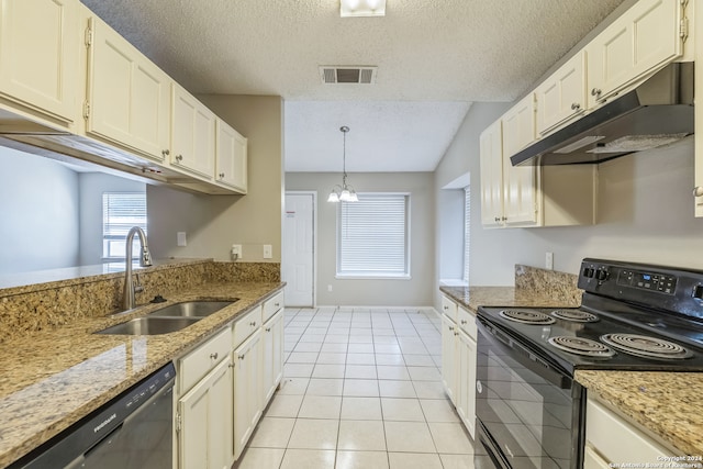 kitchen with hanging light fixtures, sink, dishwasher, black range with electric cooktop, and vaulted ceiling