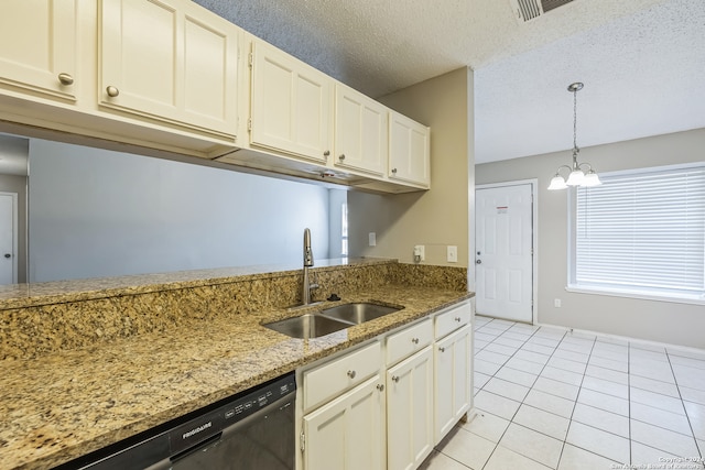 kitchen featuring dishwasher, a textured ceiling, sink, decorative light fixtures, and light stone countertops