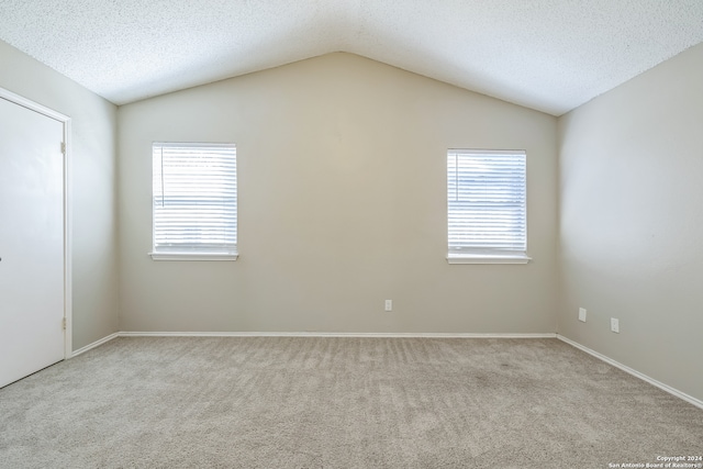 carpeted empty room with vaulted ceiling, a textured ceiling, and a healthy amount of sunlight