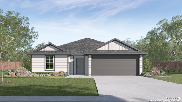 view of front facade with concrete driveway, a front lawn, an attached garage, fence, and roof with shingles