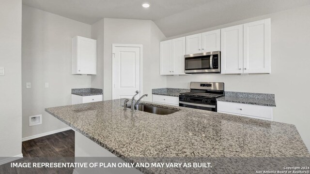 kitchen with stainless steel appliances, a sink, dark wood-type flooring, stone counters, and baseboards