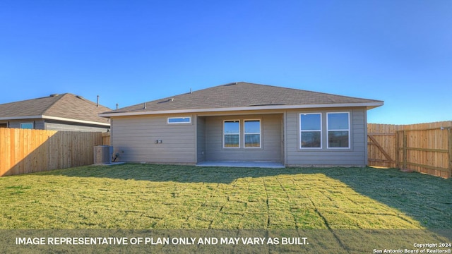 back of property with a patio area, a fenced backyard, a yard, and central AC