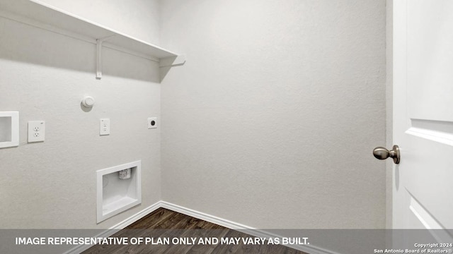 clothes washing area with electric dryer hookup, laundry area, baseboards, gas dryer hookup, and dark wood-style floors