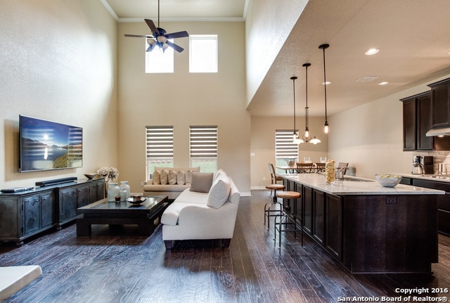 living room with dark hardwood / wood-style floors, sink, ceiling fan with notable chandelier, a towering ceiling, and crown molding