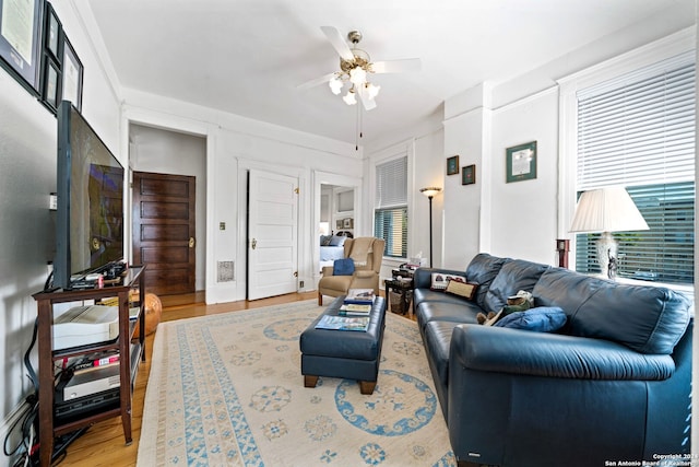 living room with light wood-type flooring and ceiling fan