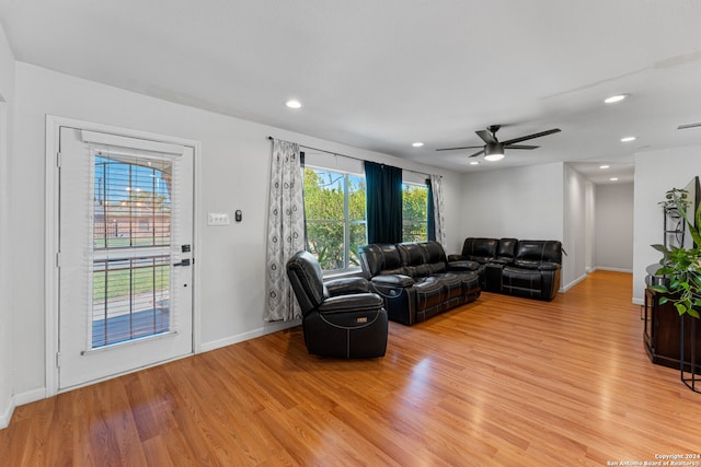 living room with wood-type flooring and ceiling fan