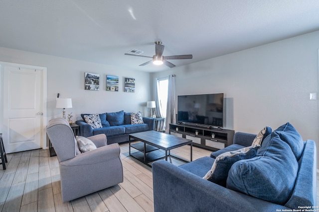 living room featuring ceiling fan and light hardwood / wood-style flooring