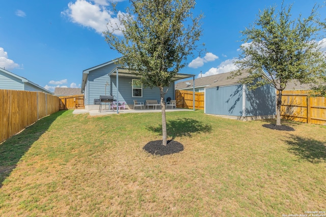 view of yard with a patio and a storage unit