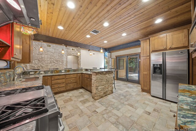 kitchen with sink, kitchen peninsula, appliances with stainless steel finishes, decorative light fixtures, and wooden ceiling