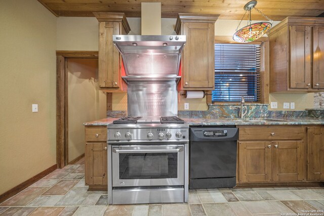 kitchen with dark stone counters, dishwasher, backsplash, and high end stainless steel range