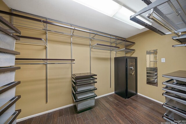 spacious closet featuring dark hardwood / wood-style flooring