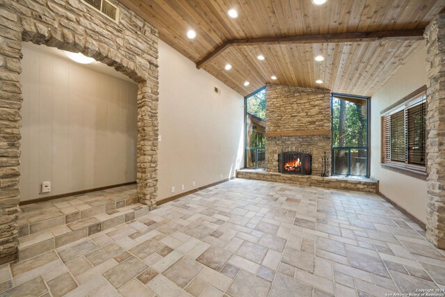 unfurnished living room with high vaulted ceiling, beam ceiling, wooden ceiling, and a fireplace